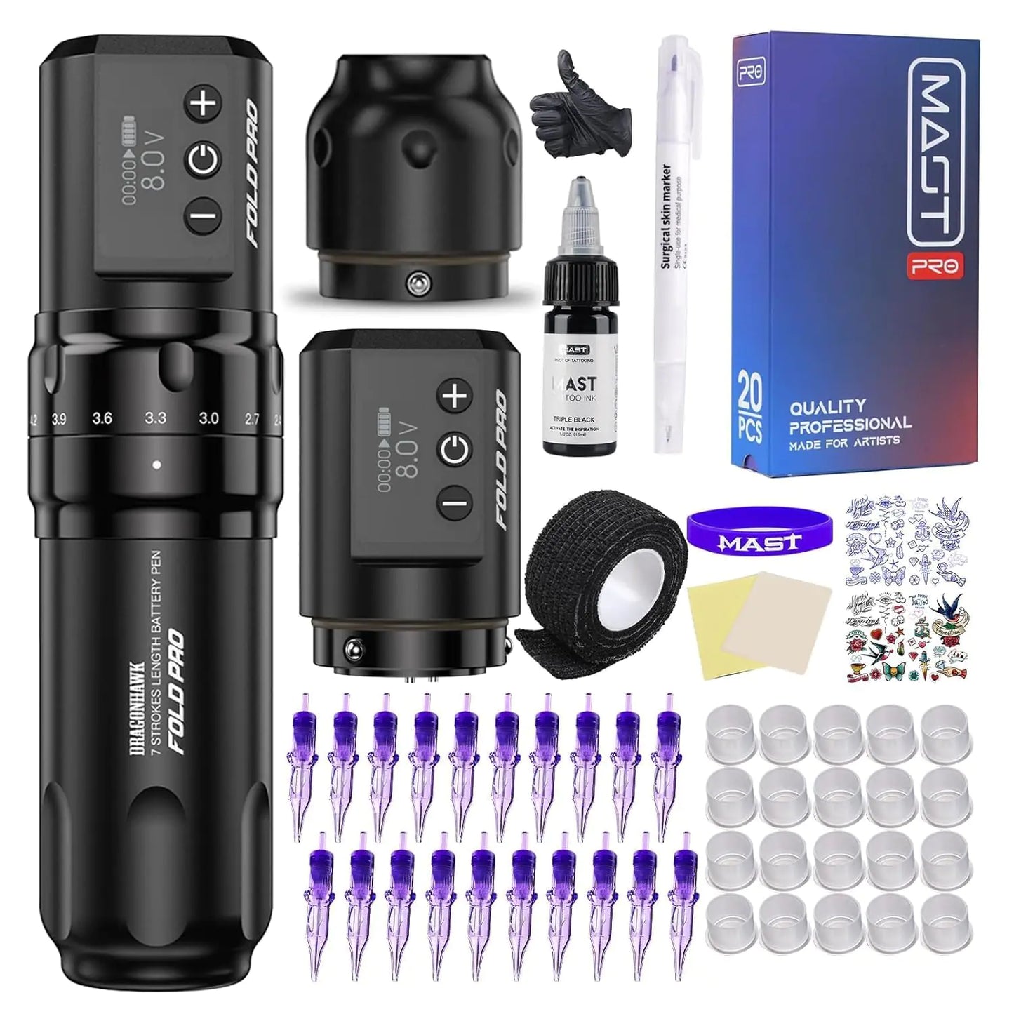 Mast Tattoo Wireless Tattoo Kit Fold Pro Tattoo Pen Machine Gun with 2 Batteries Complete Tattoo Kit Needles Cartridges MY032