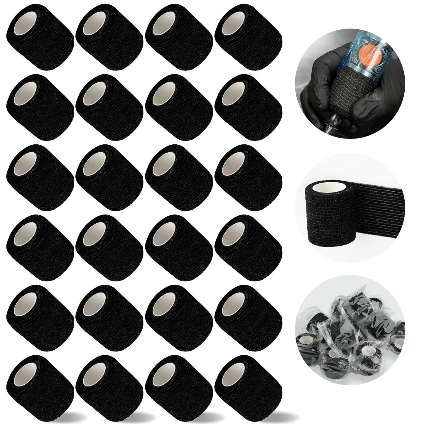 Tattoo Grip Tape Wrap Cover Dragoart 24Pack 2"x 5 Yards Cohesive Tattoo Machine Tape Bandage Wrap Self Adhesive for Tattoo Grip and Sports Residue-Free Black Individually 24Pack