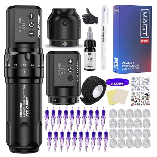 Mast Tattoo Wireless Tattoo Kit Fold Pro Tattoo Pen Machine Gun with 2 Batteries Complete Tattoo Kit Needles Cartridges MY032