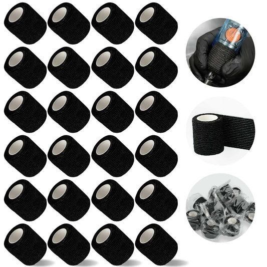Tattoo Grip Tape Wrap Cover Dragoart 24Pack 2"x 5 Yards Cohesive Tattoo Machine Tape Bandage Wrap Self Adhesive for Tattoo Grip and Sports Residue-Free Black Individually 24Pack